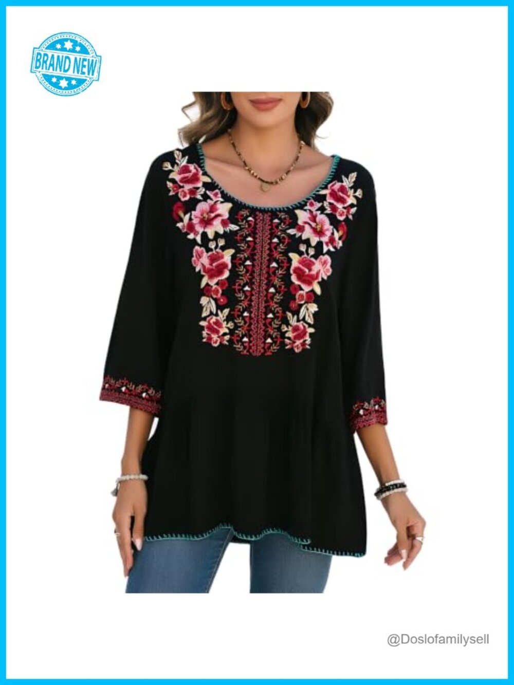 Embroidered Peasant Tunic Top Womens Cotton 3/4 Sleeve Boho Floral Blouse